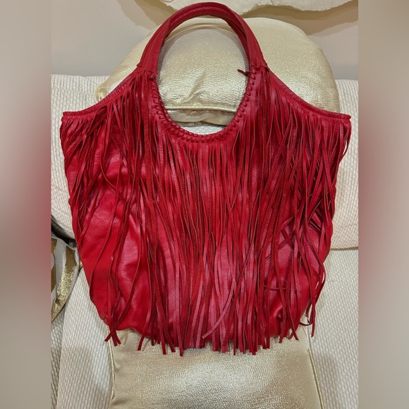 Jennifer Haley genuine red pebble leather fringe hobo bag - Picture 3 of 8